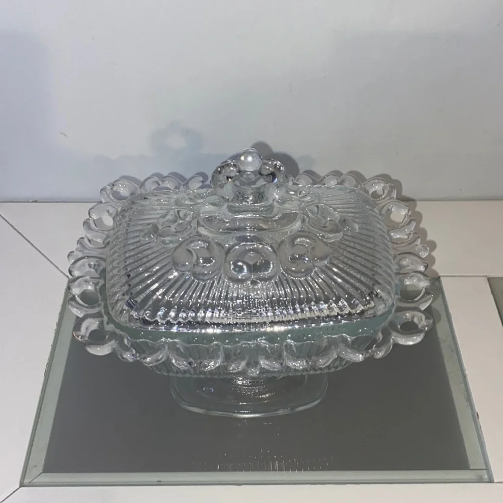 Vintage Indiana Glass Clear Lace Edge Pedestal Candy Bowl with Lid